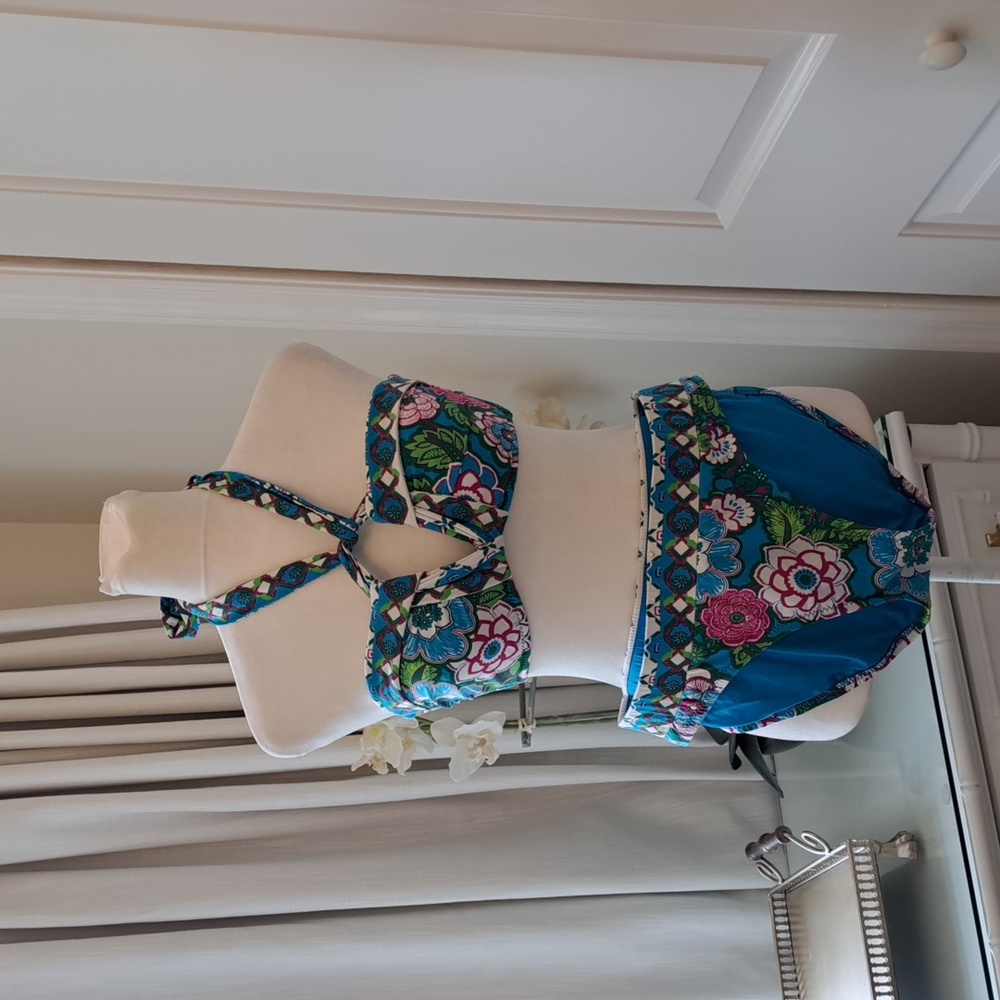 BECCA Womens Blue Floral Print Bikini Set MED Padded‎ Bandeau Top/LG Bottom